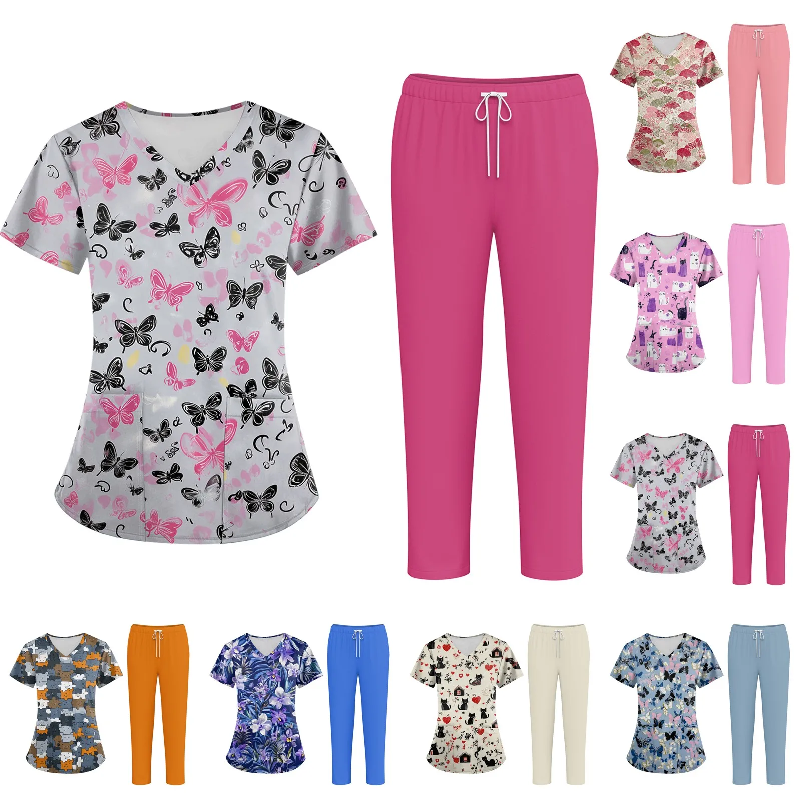 

Женский скраб с цветочным принтом, комплект рабочей формы с v-образным вырезом, футболки с короткими рукавами и длинными брюками с принтом Хэллоуина, рабочая одежда, наряды