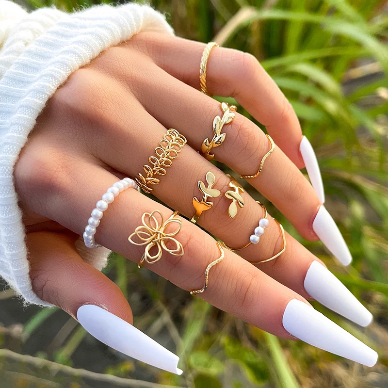 Bohemia Hollow Flower Kunckle Rings Set For Women Leaves Vine Imitation Pearl Gold Color Ring Female Boho Jewelry