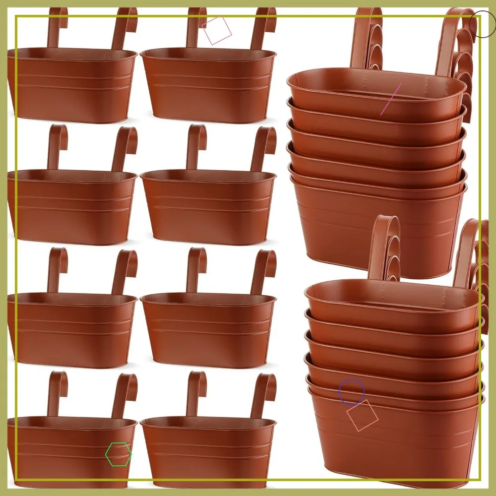 

12 Pack 10.6" Metal Hanging Flower Pots for Railings, Outdoor Window Balcony Planters with Hooks, Garden Yard Decor
