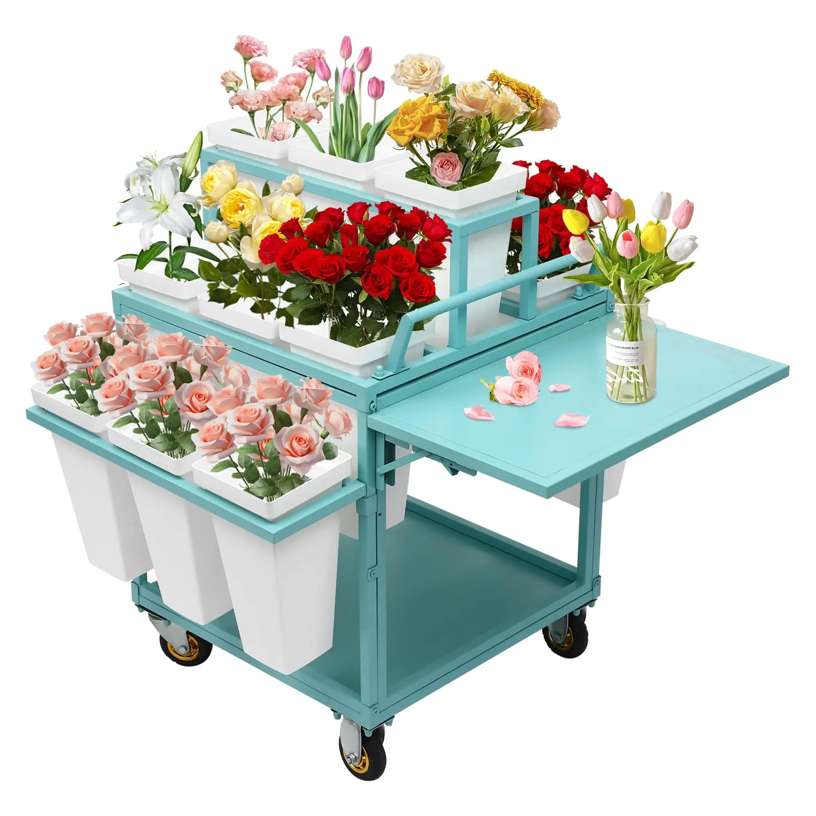 

Flower Display Stand with Wheels, 6 Layers Plant Display Stand with 18Pcs Buckets Flower Cart, Moving Florist Bouquet Shelf Flowe