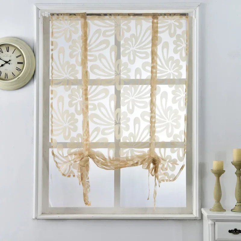 Kitchen short curtains jacquard roman blinds floral white sheer panel blue tulle window treatment  door curtains home decor