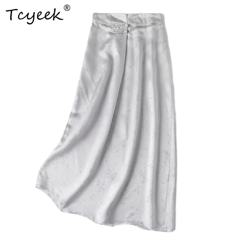 Tcyeek 100% Real Silk Women Skirts 2026 Summer New ArriveBack Slit Frog Button Elegant Skirt Women Clothing Faldones Para Mujer