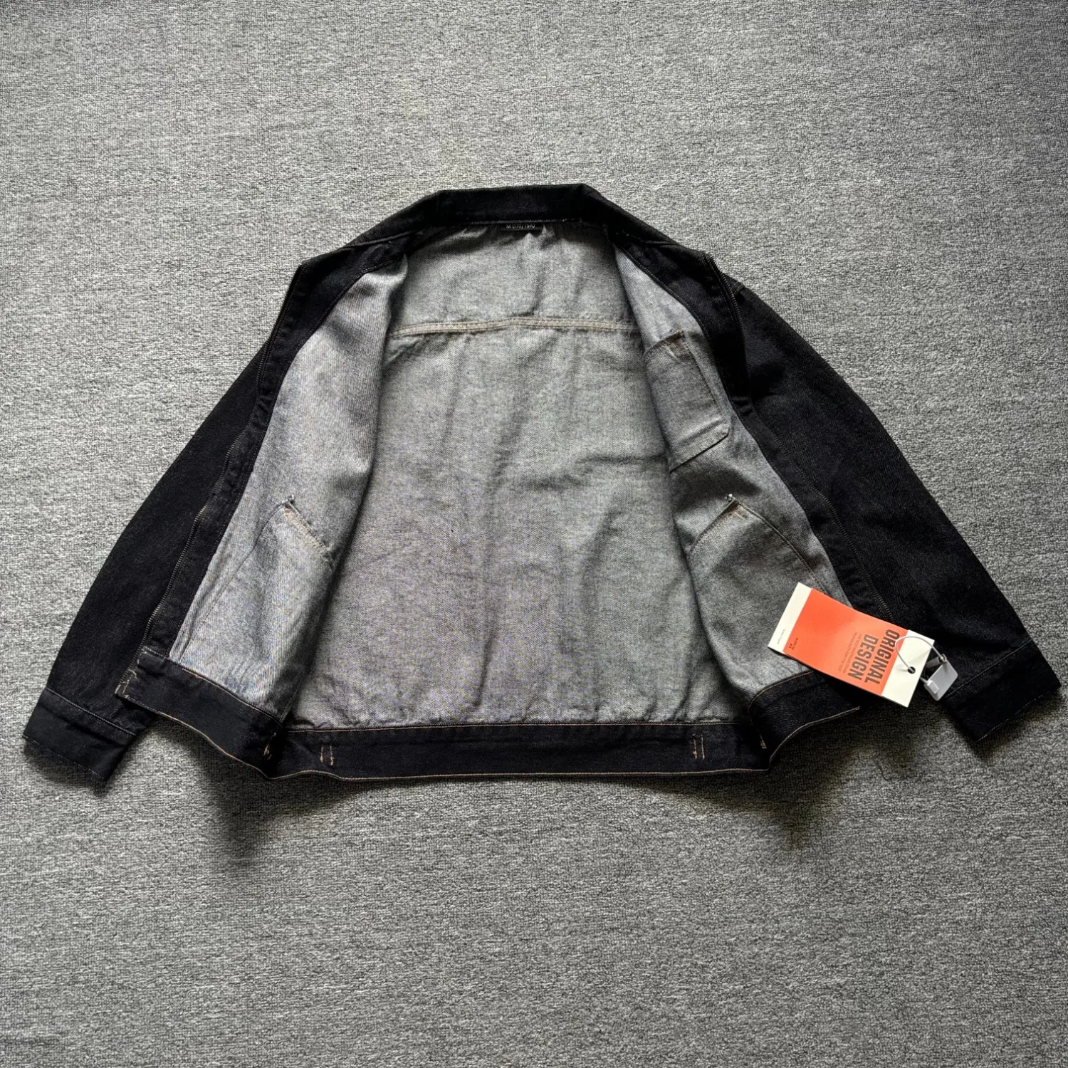 Vintage Raw Denim Jacket Men Lapel Zipper Multi Pocket Loose Casual Workwear Denim Coat