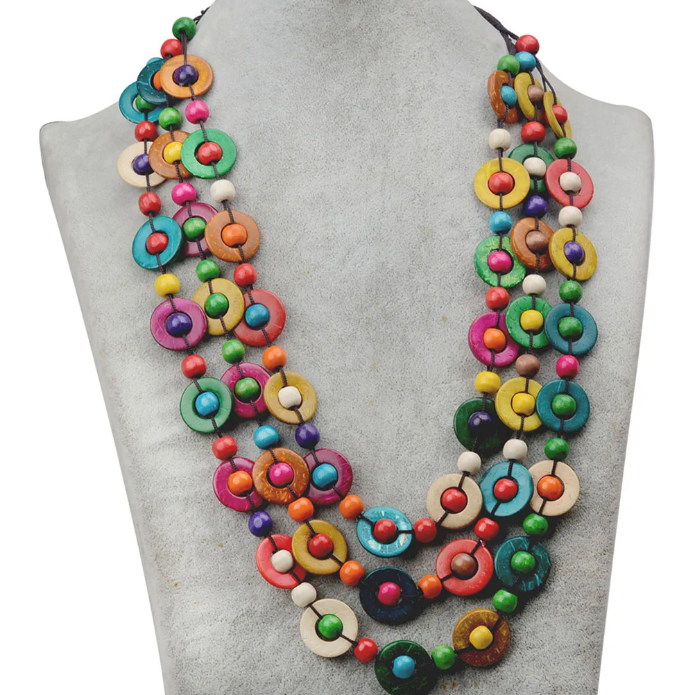 

Women Colorful Layered Wood Beaded Necklace Coconuts Shell Bohemian Jewelry Statement Necklace Gift Colorful Beaded Necklace,