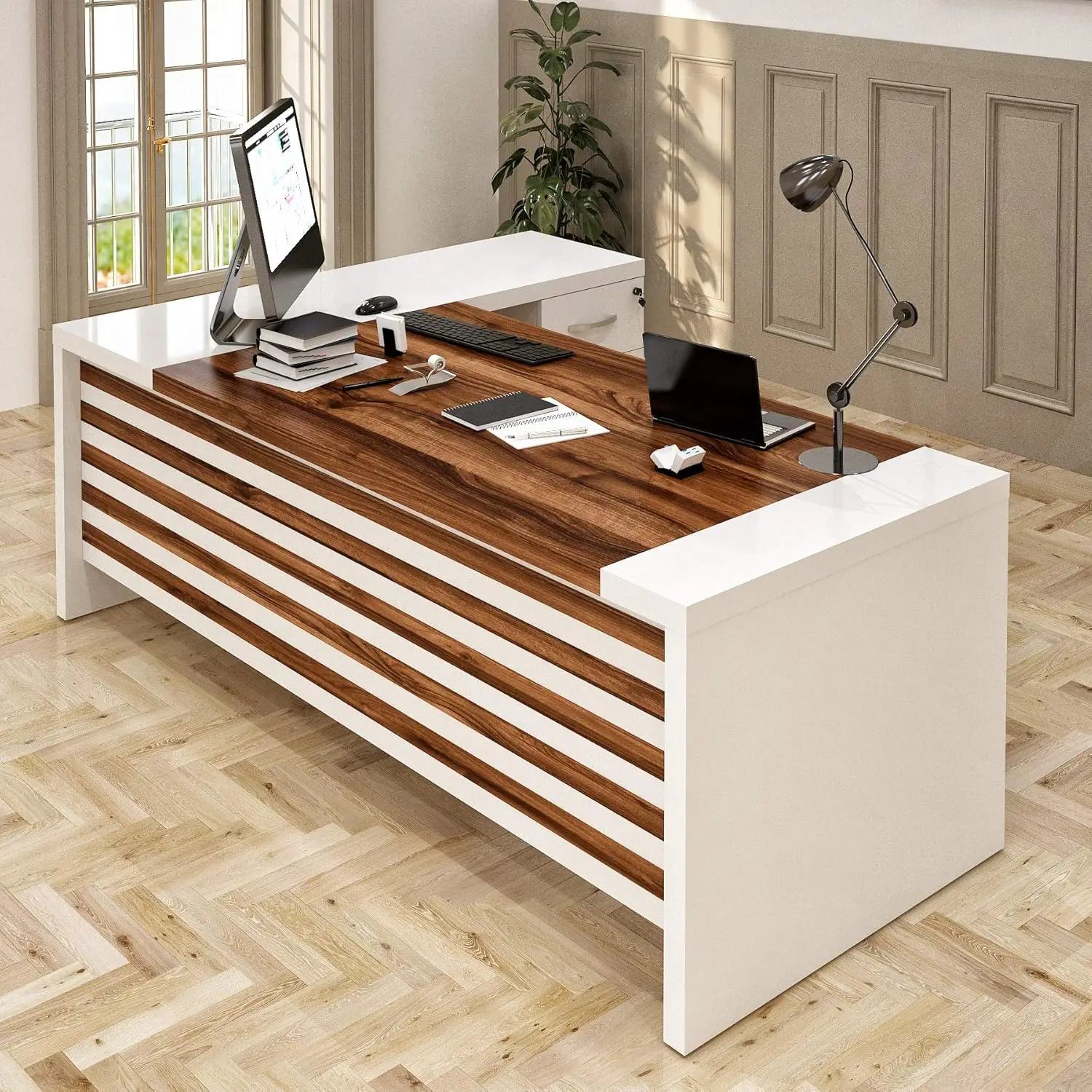 Home Office | Executive Right Side L Shaped Corner Desk & File Drawers w/Telescopic Rail | Modern Business Furniture