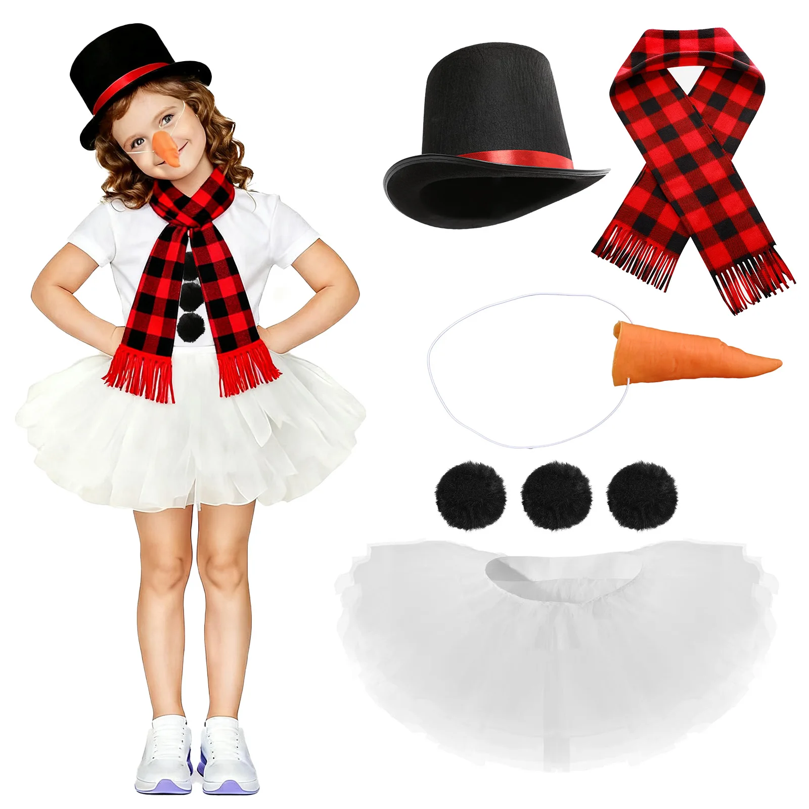 

Boys Girls Snowman Christmas Costume Set Snowman Hat Carrot Nose Scarf White Tutu Skirt 3 Balls Christmas Cosplay Costume Props