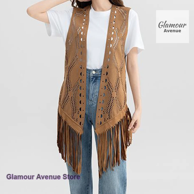 

Korean retro suede shirt female spring and autumn cowboy wandering romantic Su hollow thin tank top leisure travel outside vest.