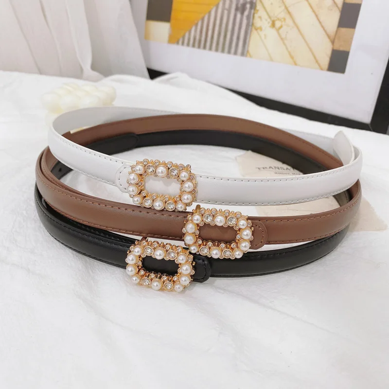 

Women Elegant Pearl Thin Belt Rhinestone Belt Genuine Leather Bling Crystal Adjustable Glitter Waistband for Dress Pants