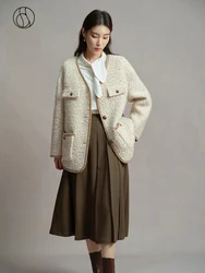 DUSHU 100% Wool Beige Brown Color 2023 Winter New Short Woolen Jackets V-Neck Single Breasted Straight Coats Wool Coat Women