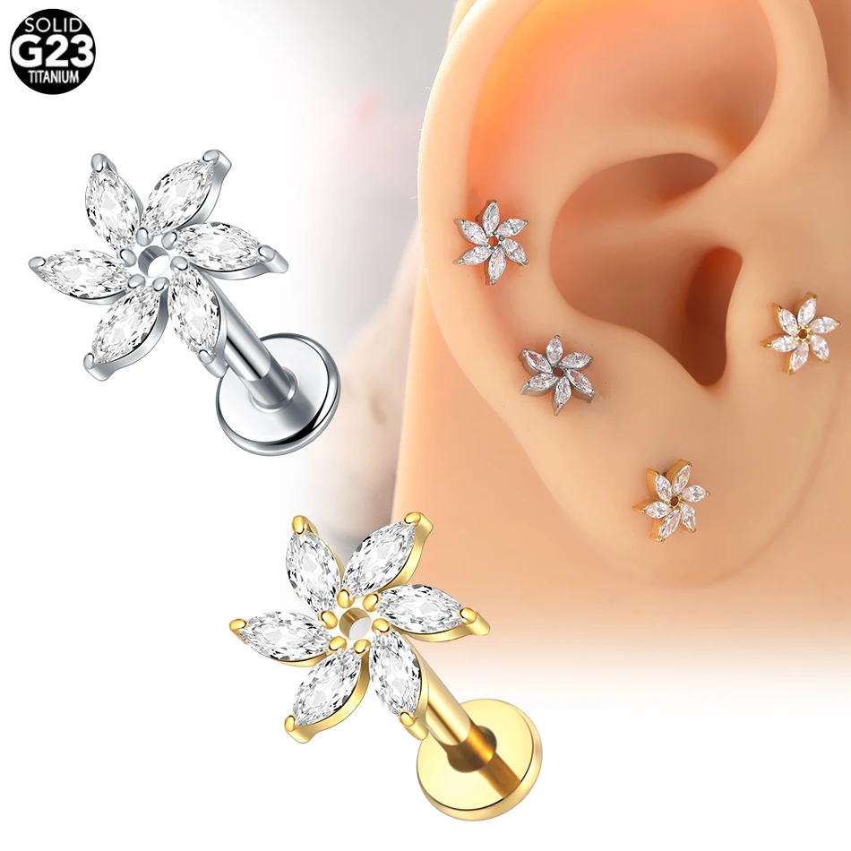 1/5PCS Titanium Zircon Labret Flat Back Lobe Helix Tragus Marquise Flower Earring Internal Thread Ear Stud Piercings Jewelry 16G