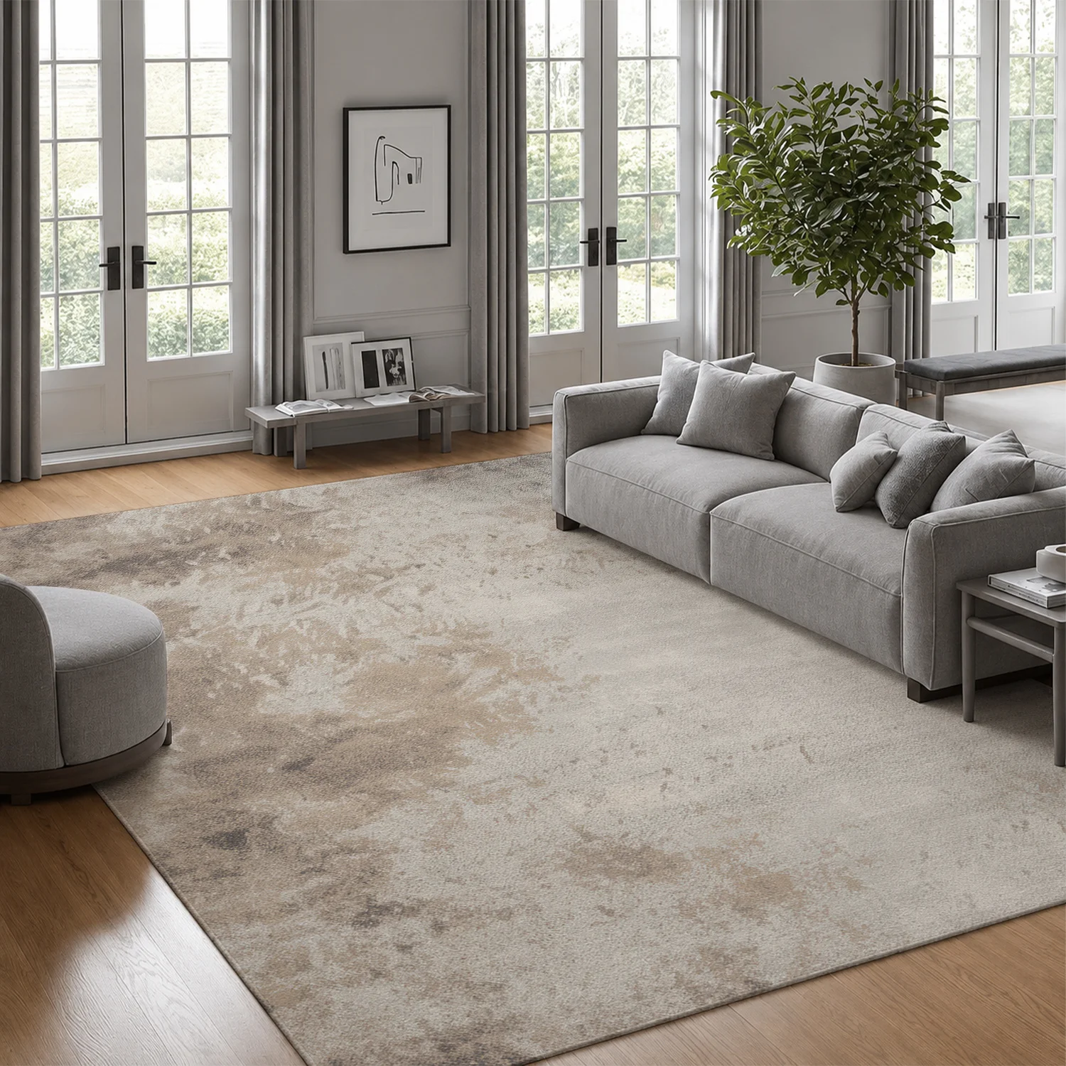 Large Indoor Area Rug, Soft Velvet Low Pile Non-Slip Dotted Backing, Abstract Beige Taupe Distressed Pattern, Machine Washable Floor Rug for Living Room Bedroom Home Decor