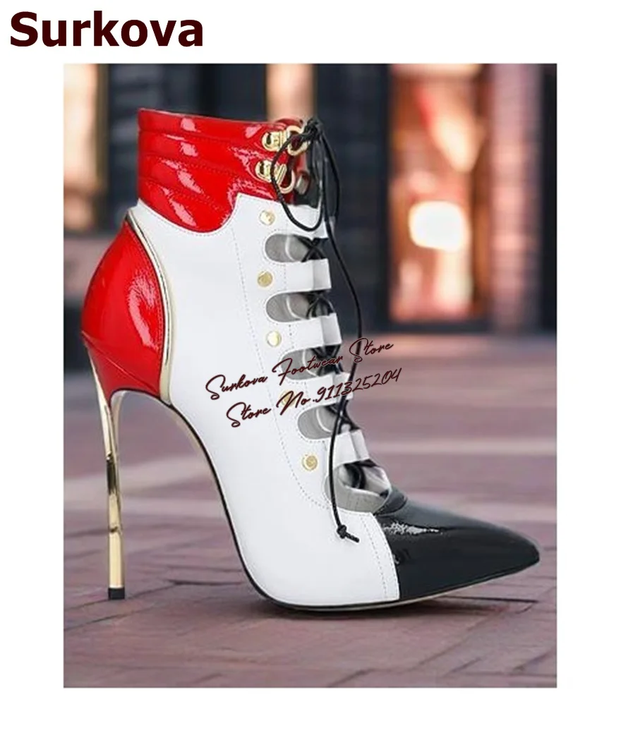 

Surkova Gold Metal Blade Heel Color Patchwork Ankle Boots Pointed Toe Hollow Out Colorized Dress Shoes Lace-Up Banquet Booties