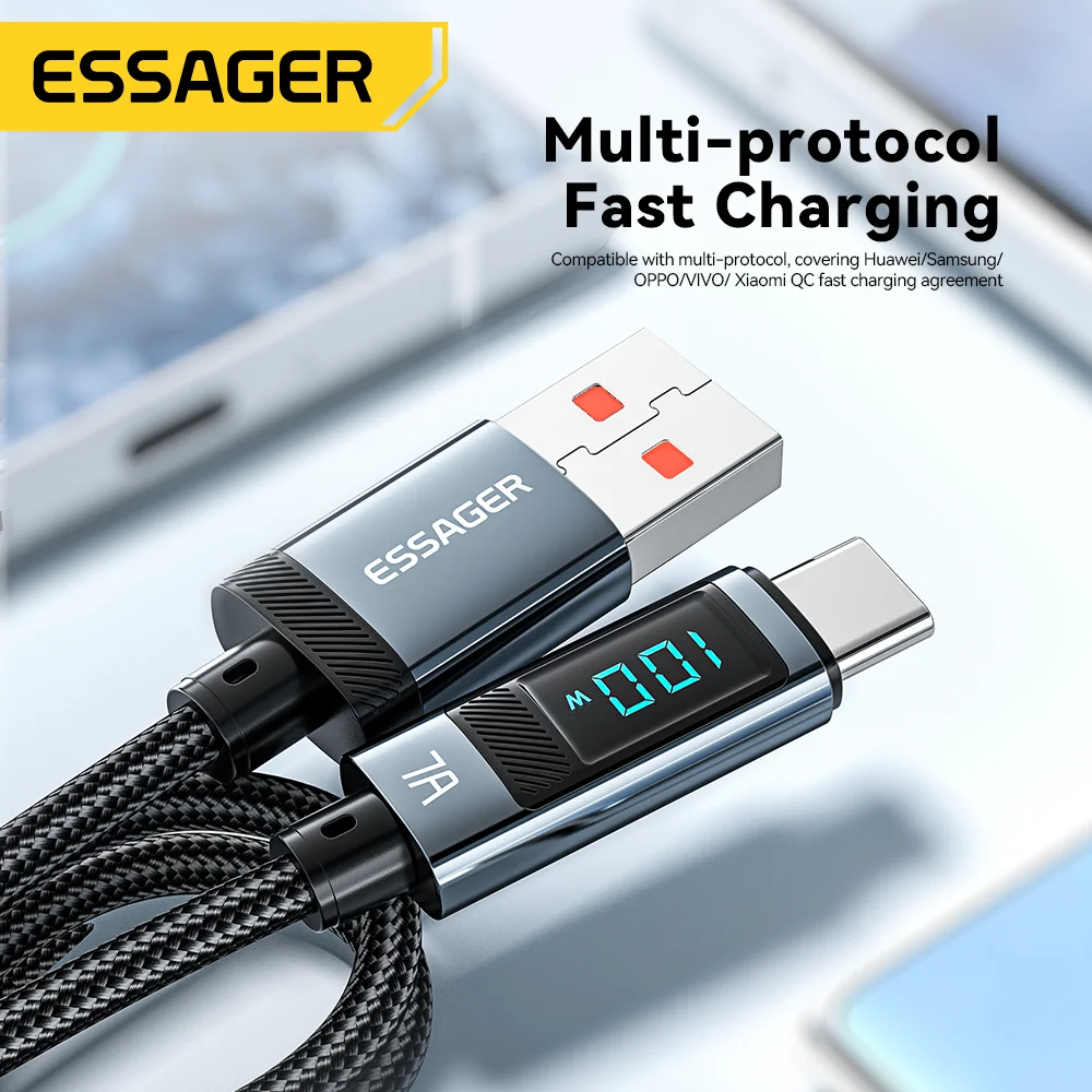 Essager Realme 화웨이 P40 30 프로용 USB C 타입 케이블, 고속 충전 와이어 코드, 삼성 샤오미 포코용 데이터 충전기, 7A, 100W, 66W