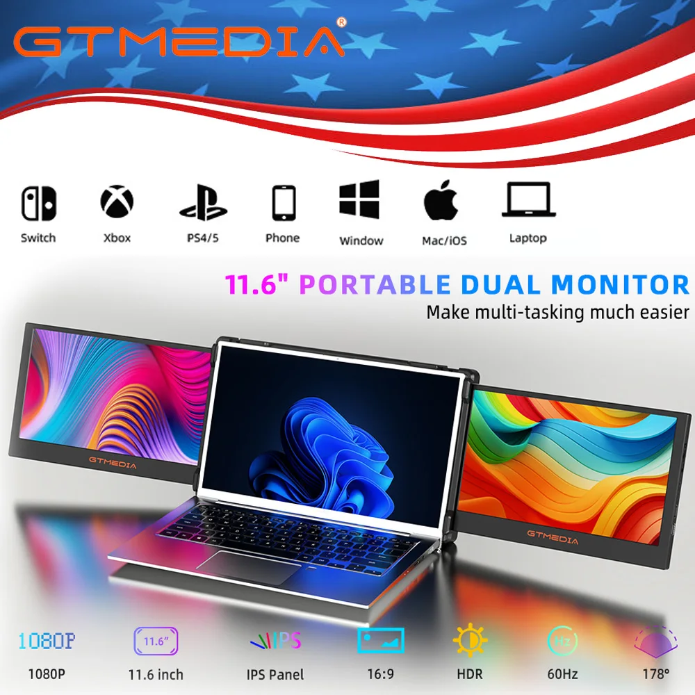 GTMEDIA Mate 11.6 Inch Dual Extender Screen 1080P IPS Type-C + USB Full View HD Portable Dual Laptop LCD Screen Monitor Scree