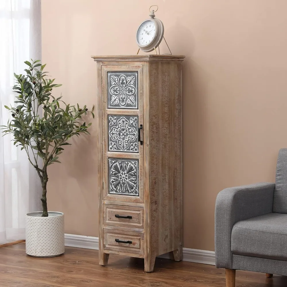 Gray Tall Tower Storage Cabinet with Rustic Wood Design for Versatile Home Buffet and Organization