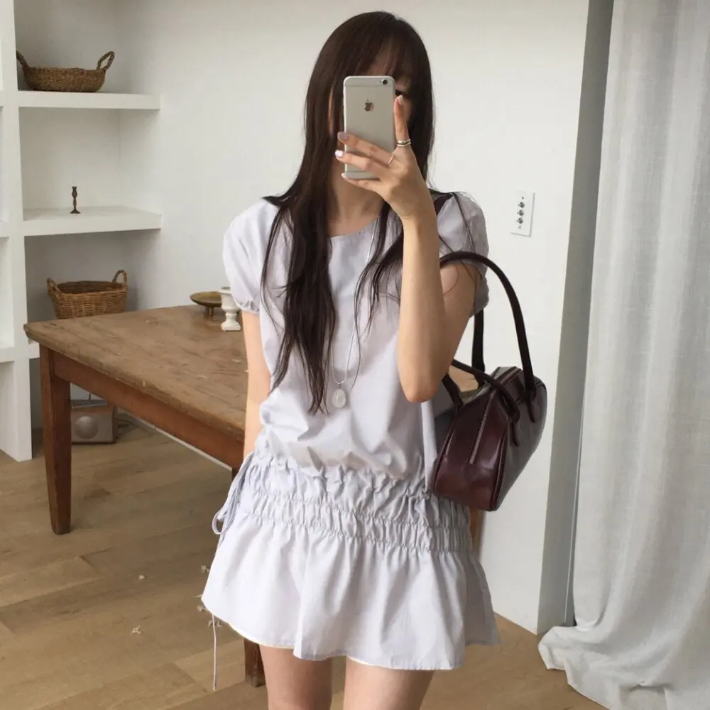 Drawstring Short Sleeve Bubble Hem Gown Slimming Waist Design Casual Commute Style High Waist Bubble Sleeve round Neck Dress