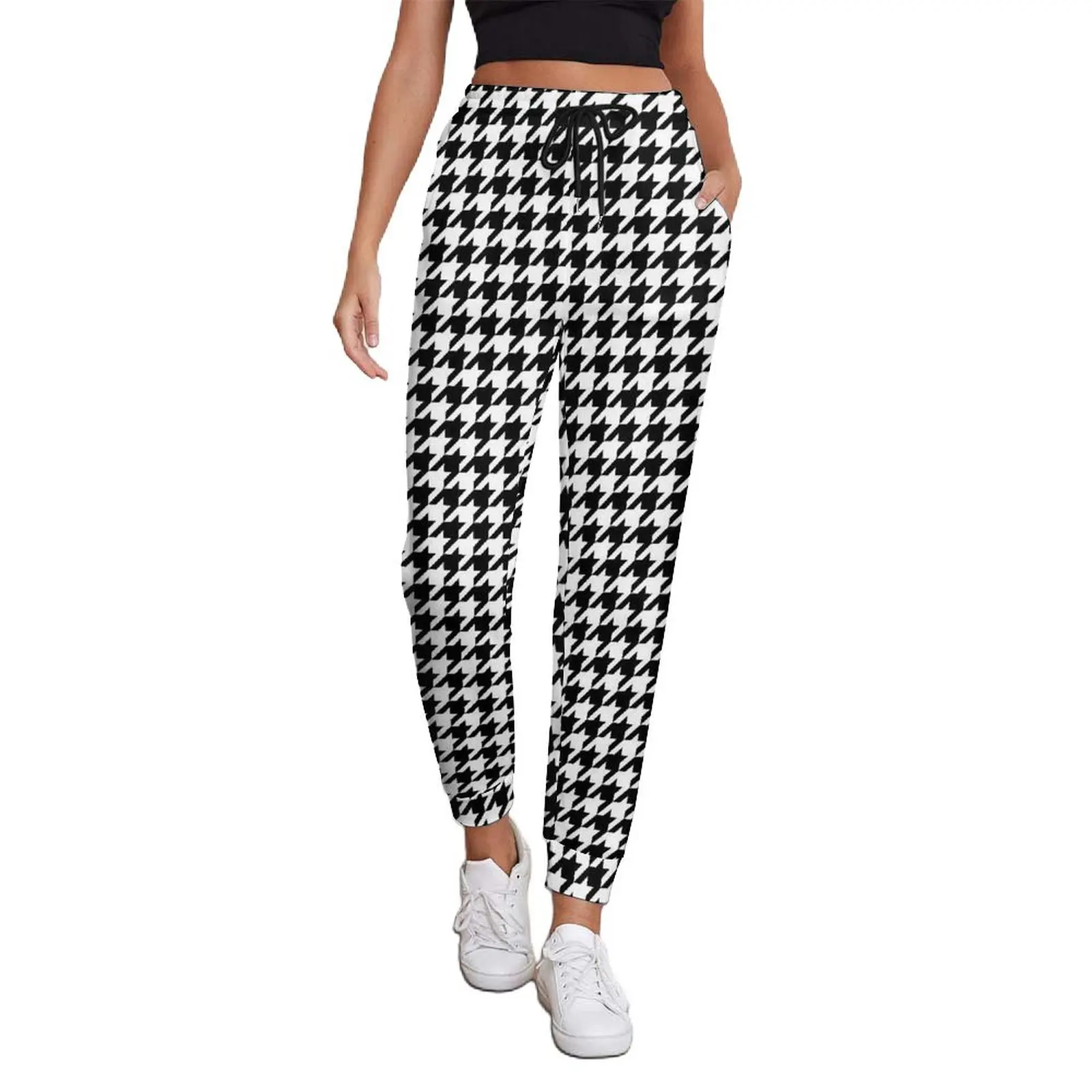 Houndstooth Check Pants Ladies Black And White Korean Fashion Sweatpants Spring Casual Graphic Trousers Big Size