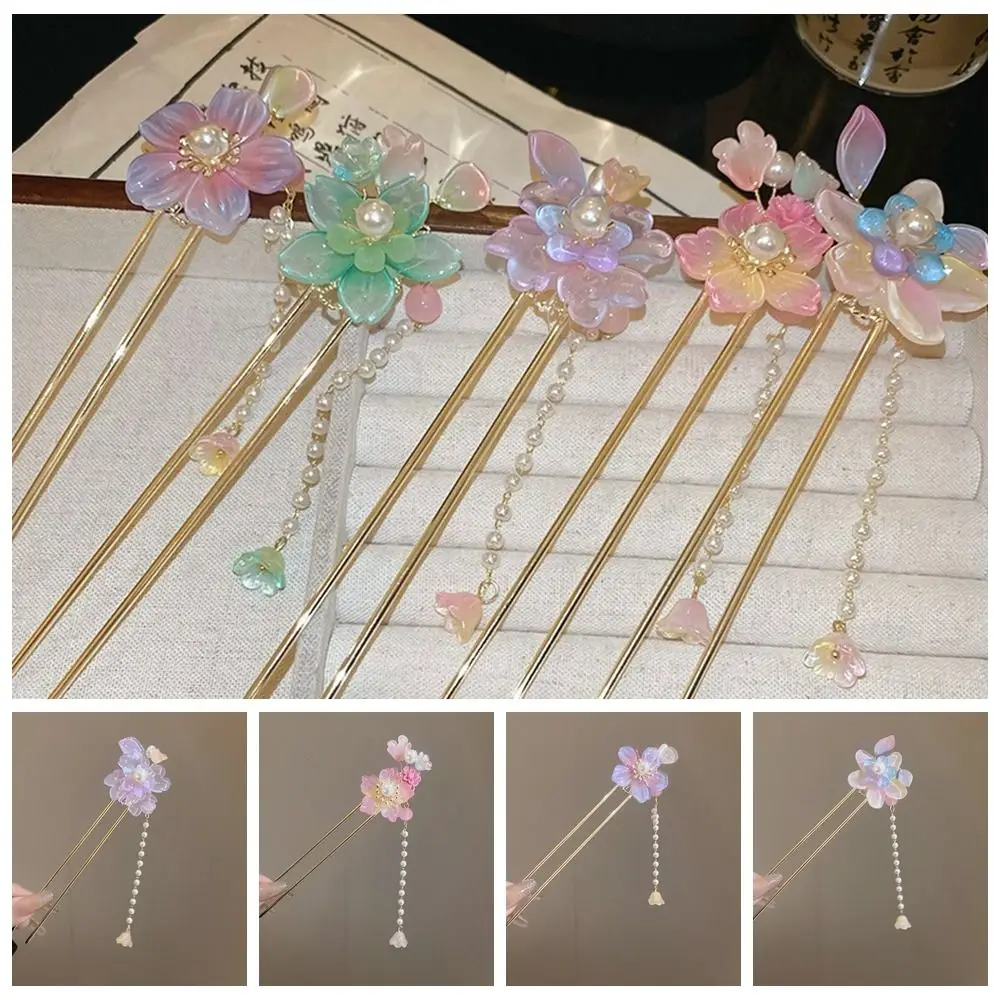 Fashion Flowers Pearl Tassel Hairpin Exquisite Handmade Ancient Style Hair Stick Neo-chinese Style Senior Sense Flower Headdress