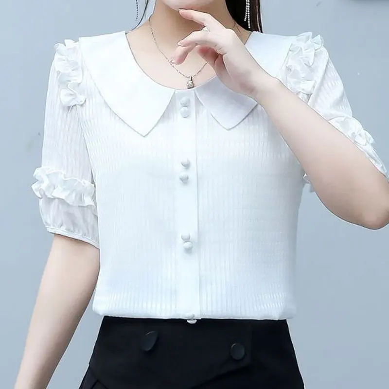 Sweet Peter Pan Collar Shirt Summer Fashion Ruffles Spliced Women\'s Clothing Plaid Solid Color Straight Commute Button Blouse