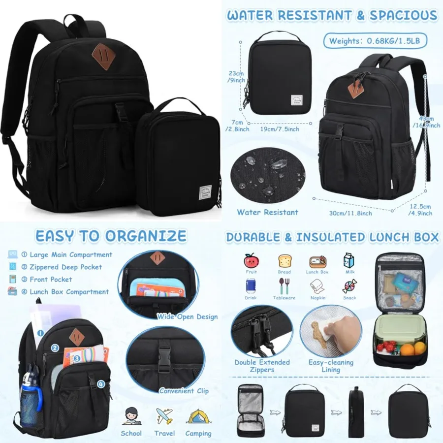 

Backpack Lunch Bag Set, 2-1 School Bookbag Insulated Lunch Box for Toddlers, Preschool, Daycare, Kindergarten, Elementary Schoo