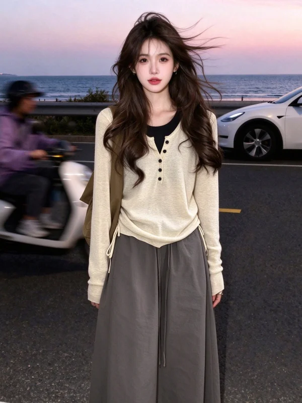 Korean Style Color Block Henry Collar Long Sleeve Knitted Base Shirt Women's Autumn Inner Drawstring Waist Slimming Design Top