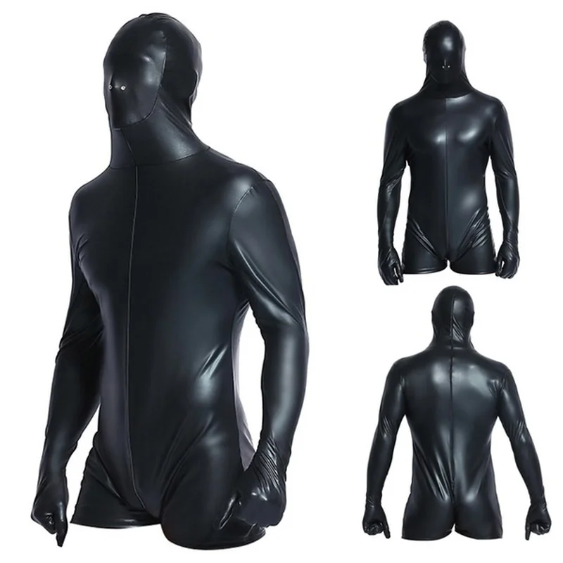 Super Cool Sexy Men Black Patent Leather Jumpsuit Vinyl Latex Bondag Leotard Bodysuit Nightclub Costumes Adult Toys for Men