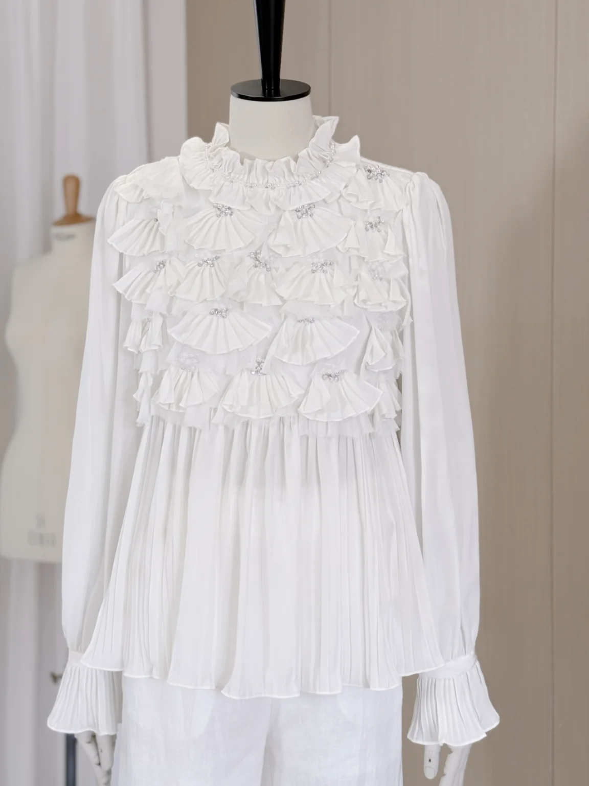 

Spring Summer Heavy Work White Ruffle Trimmed Beaded Shirt Women's Dreamy Style Pleated Button Long Sleeve Top Cotton Chiffon