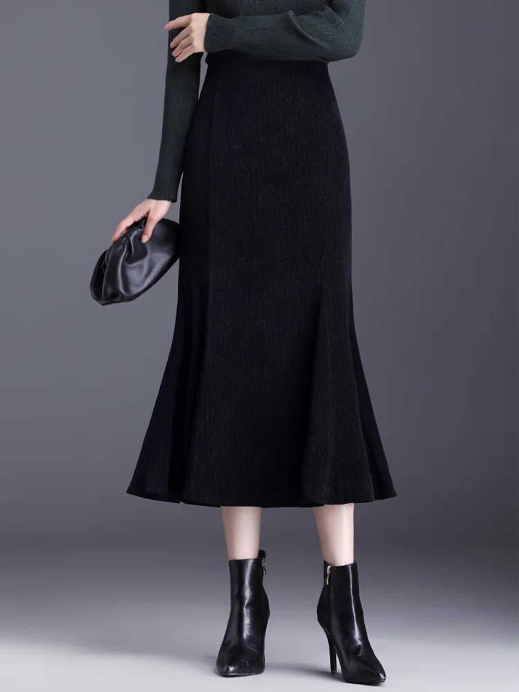 

2024 Womens Fall Winter Black Coffee Trumpet Skirt Fashion High Waist Ladies S M L XL XXL 3XL Size Female Mid Long Mermaid Skirt