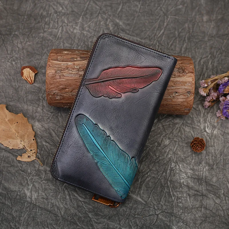 Bloem en plant reliëf lange lederen portemonnee creditcard slotzipper tas draagbare tas vintage dames toplaag koeienhuid portemonnee