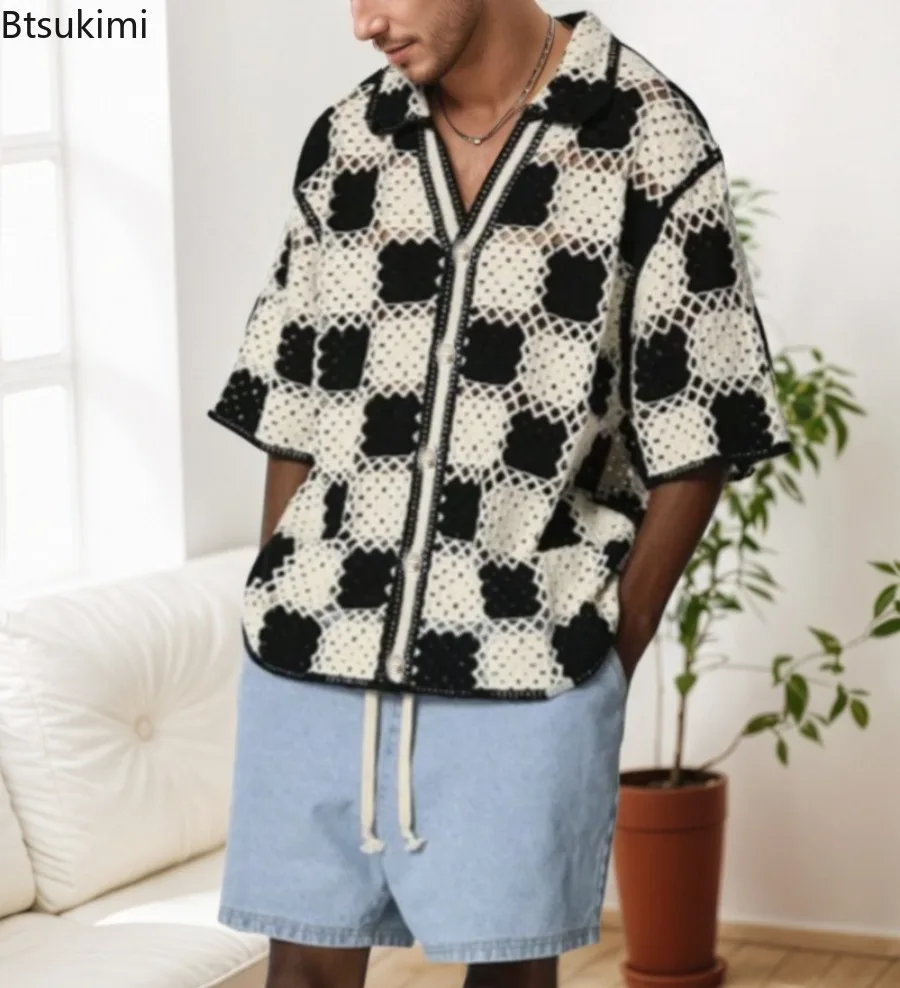 Chic Vintage Hook Flower Hollow Out Shirts for Men 2025 Summer Loose Short Sleeve Casual Cardigans Men Streetwear Knitwear Tops