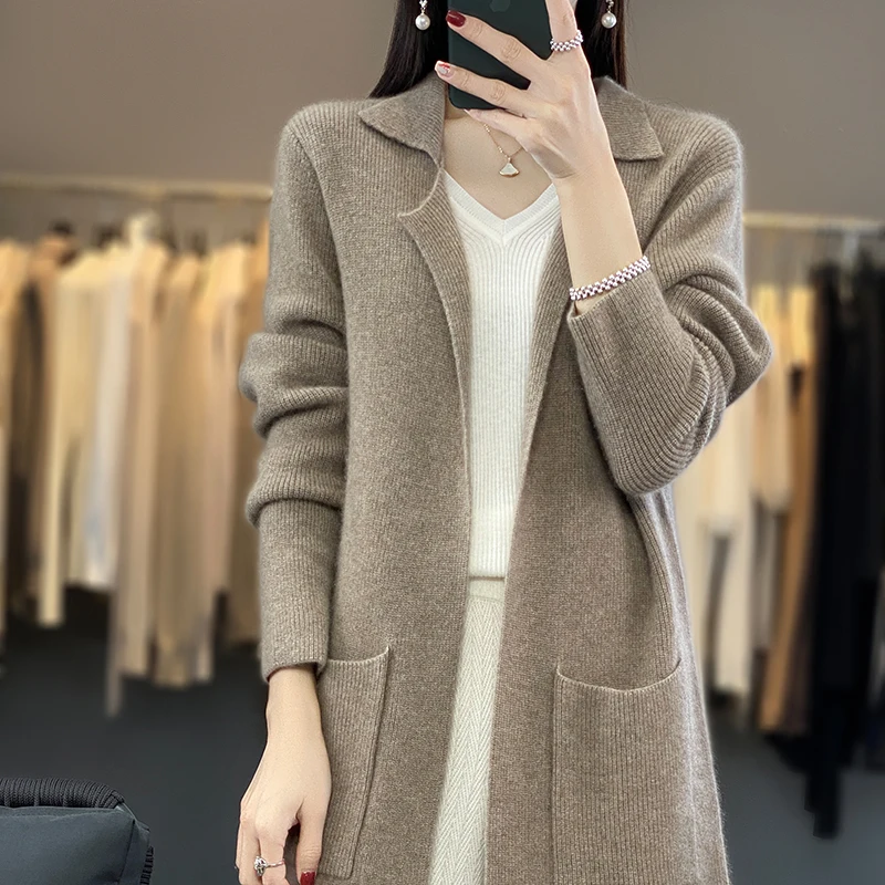 

100% Merino Wool Mid-length Sweater Knitted Cardigan With Pockets Cashmere Long Sleeves Casual Solid Color Warm Clothing Top