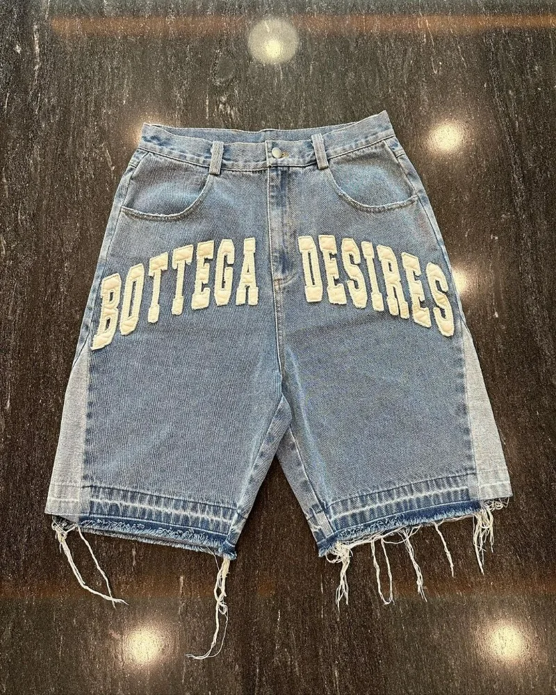 American Retro Fashion Brand Clothing Letter Embroidered Denim Shorts Men Y2k Street Fashion Loose Oversized Shorts Women