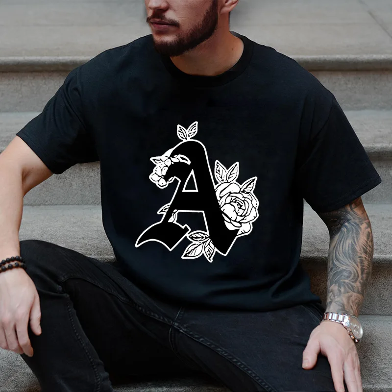 Men Short Sleeve Tshirt Floral Letter A Monogram Print Crew Neck Tees Soft Summer Tops Botanical Initial Graphic Daily Shirts