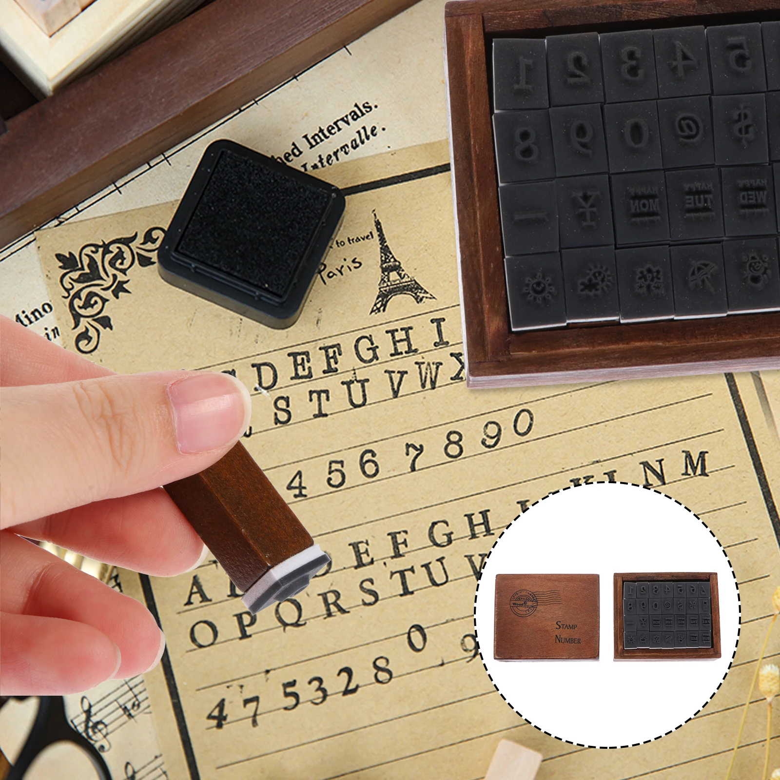 

1 set Vintage Letter Stamps Wooden Craft Seal for Kids Scrapbook Supplies Brown Rubber DIY Art Set Storage Container