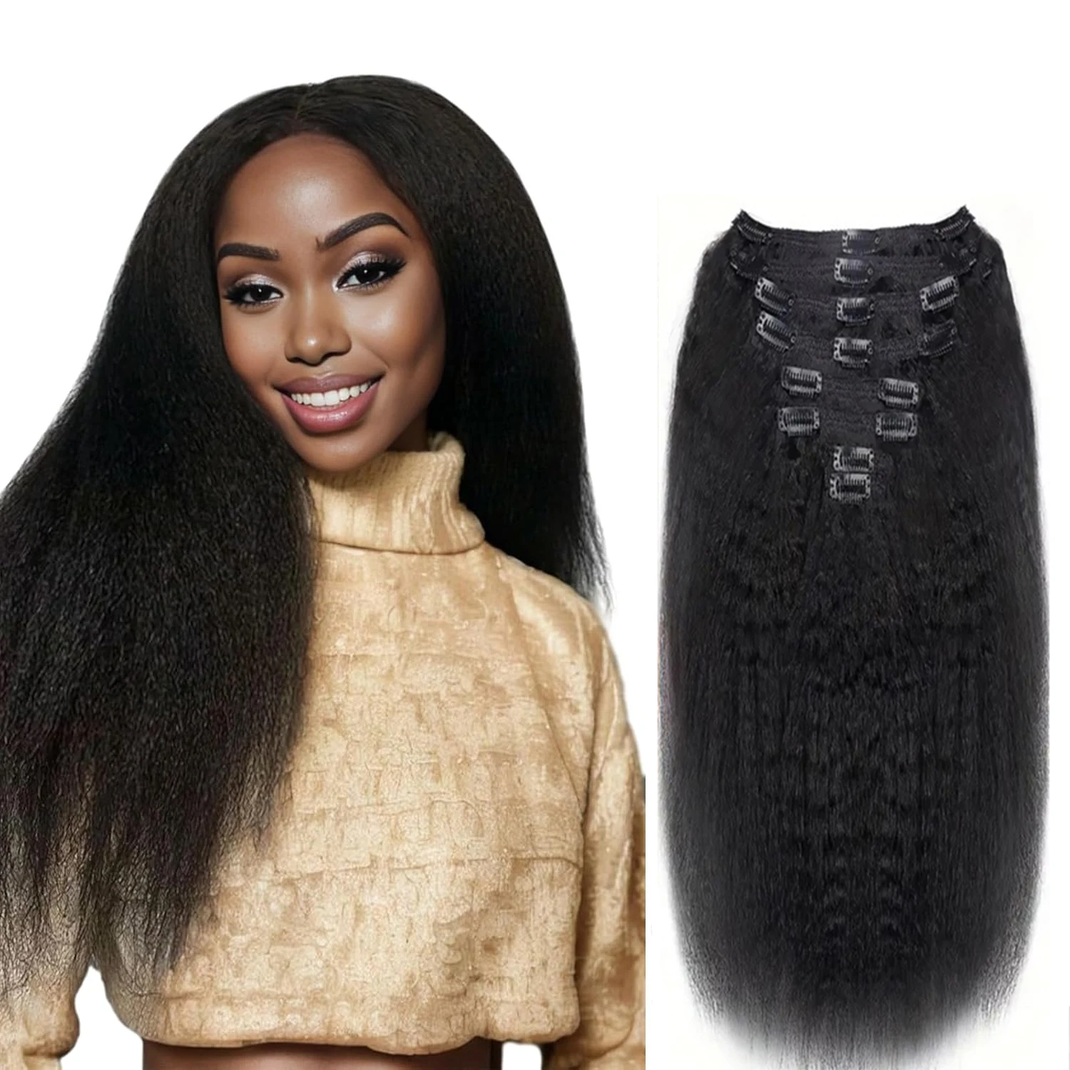 Kinky Straight Clip In Extensions Brazilian Remy 100% Human Hair Yaki Clip Ins Natural Black 8Pcs/Set Full Head Seamless 26 Inch