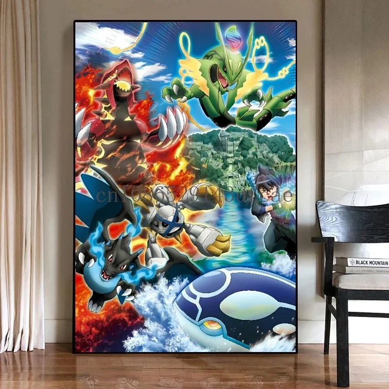 Japanese Anime Peripheral Pokemon Poster Decor Pikachu Rayquaza Wall Art Watercolor Canvas Painting Modern Room Decor Picture