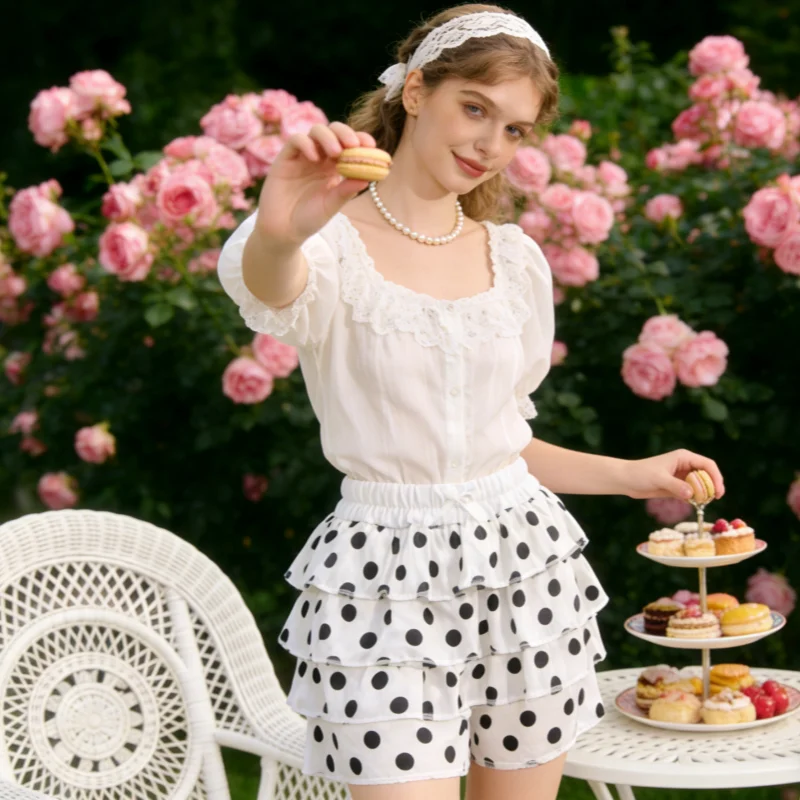 

Summer Polka Dot Cake Shorts Women’s Elastic Waist Patchwork Bowknot Slim Contrast Fashion Casual Pants