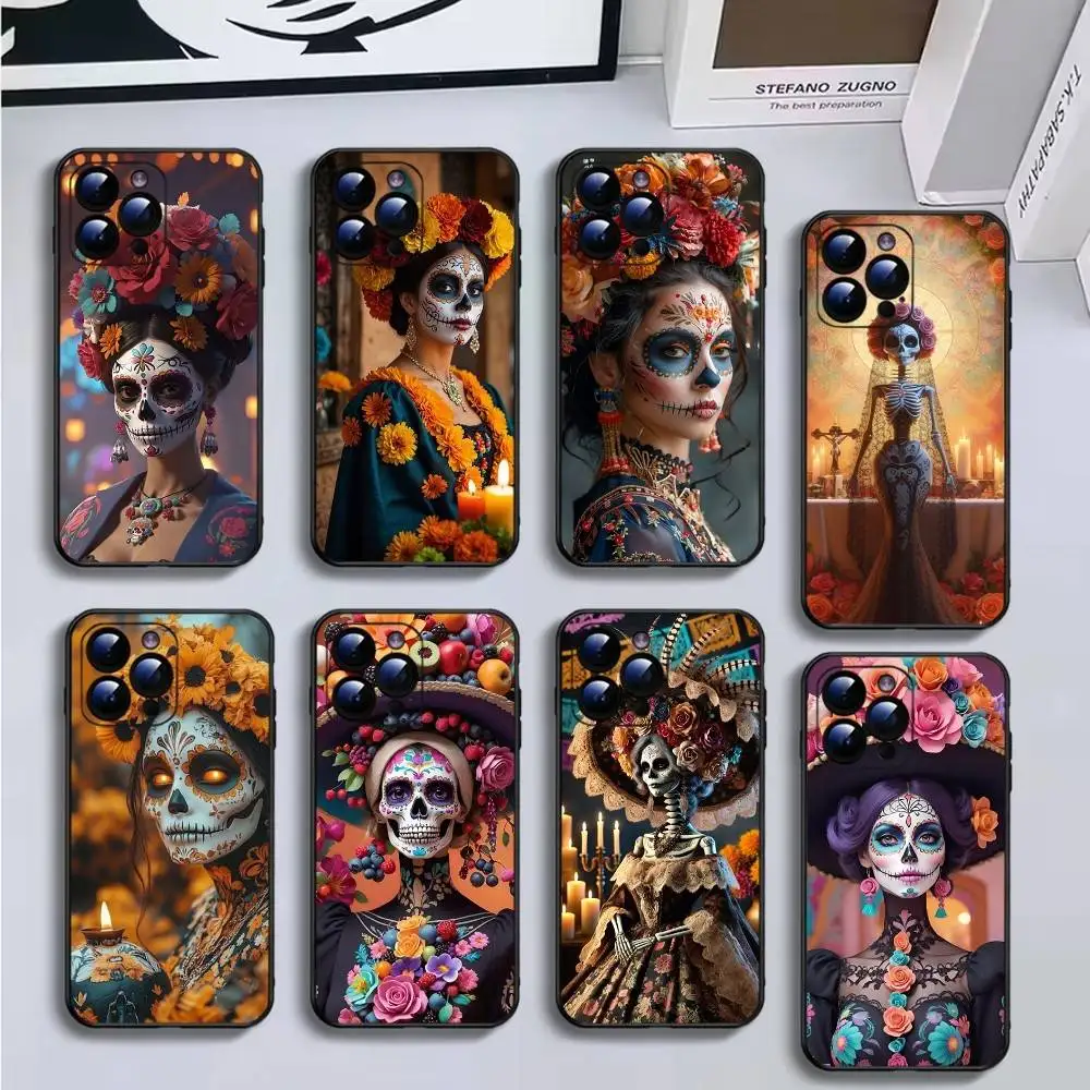 

Day-of-the-Dead-Mexican-Catrina-Skull Phone Case For iPhone16,15,14,13,12,11 Plus,Pro Max,XS,X,XR,SE,Mini,8,7,Soft Black Cover