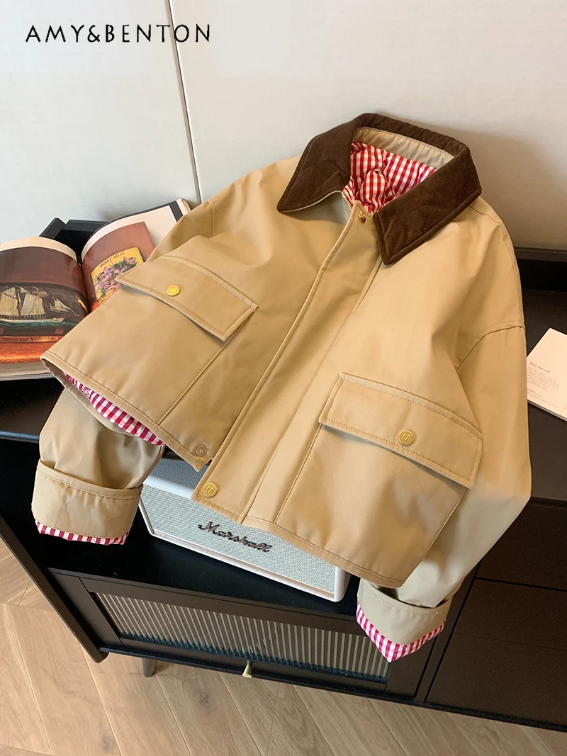 

British Khaki Lapel Big Pocket Jackets for Women Autumn 2024 New Korean Ins Fashion Loose Temperament Casual Short Trench Coat