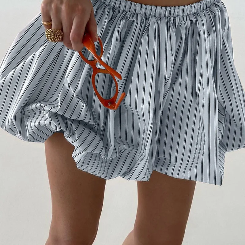 European and American French balloon skirt 2025 women's summer new striped pleated mini fluffy high waisted skirt