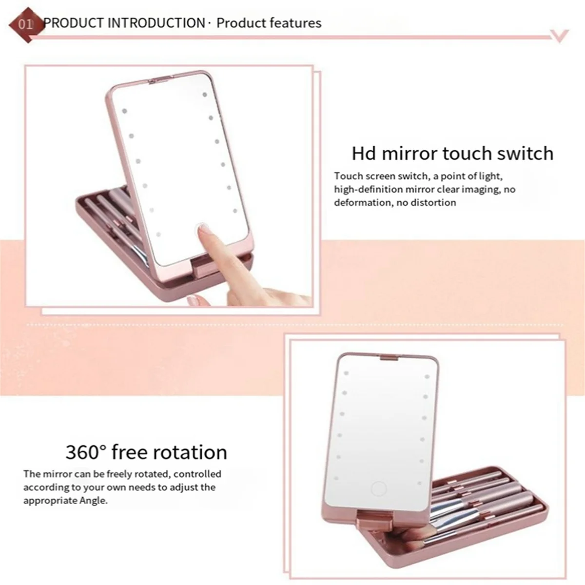 Mirror Portable Makeup Mirror with 5 Brushes Storage Box LED Touch Portable One-Face Storage Box Makeup Mirror Black