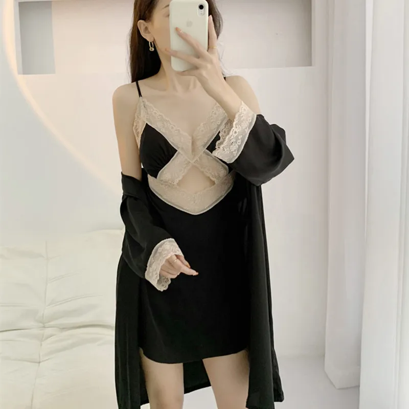 

New Female Twinset Robe Set Sexy Lace Backless Suspender Nightdress Sleepwear Loose Satin Kimono Bathrobe Gown Silk Home Dress