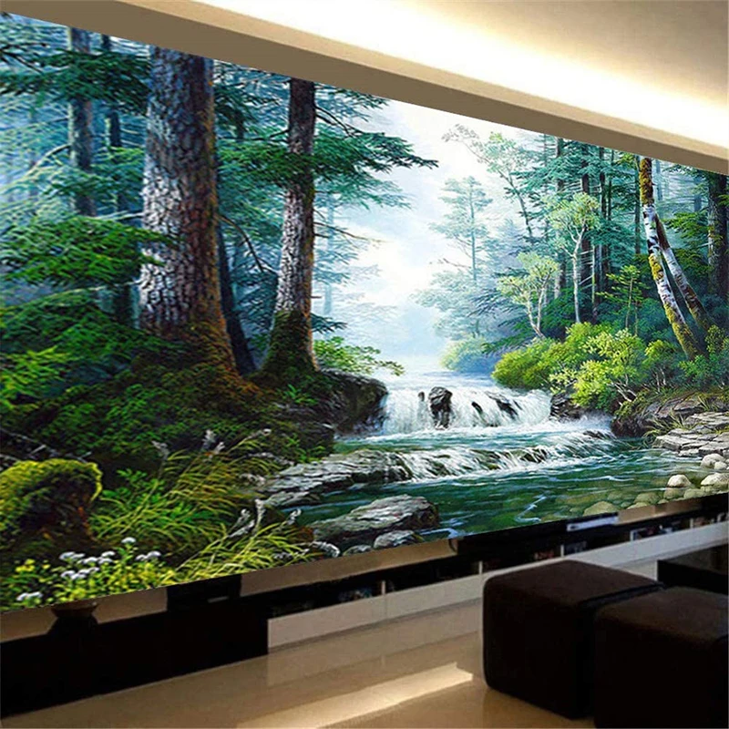 Pittura diamante 5D con trapano completo, pittura murale paesaggistica, foresta naturale, acqua corrente, ricamo diamante fai da te, decorazioni per