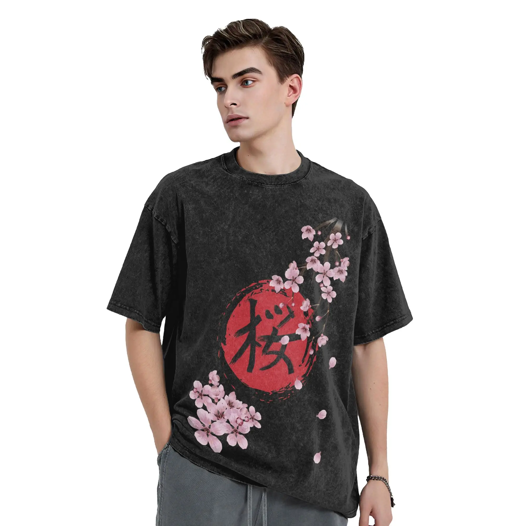 Blooming Sakura and red Sun Washed T-Shirt Male  Y2K Funny Cotton T Shirts Summer Harajuku Tee Shirt Custom DIY Big Size Tops