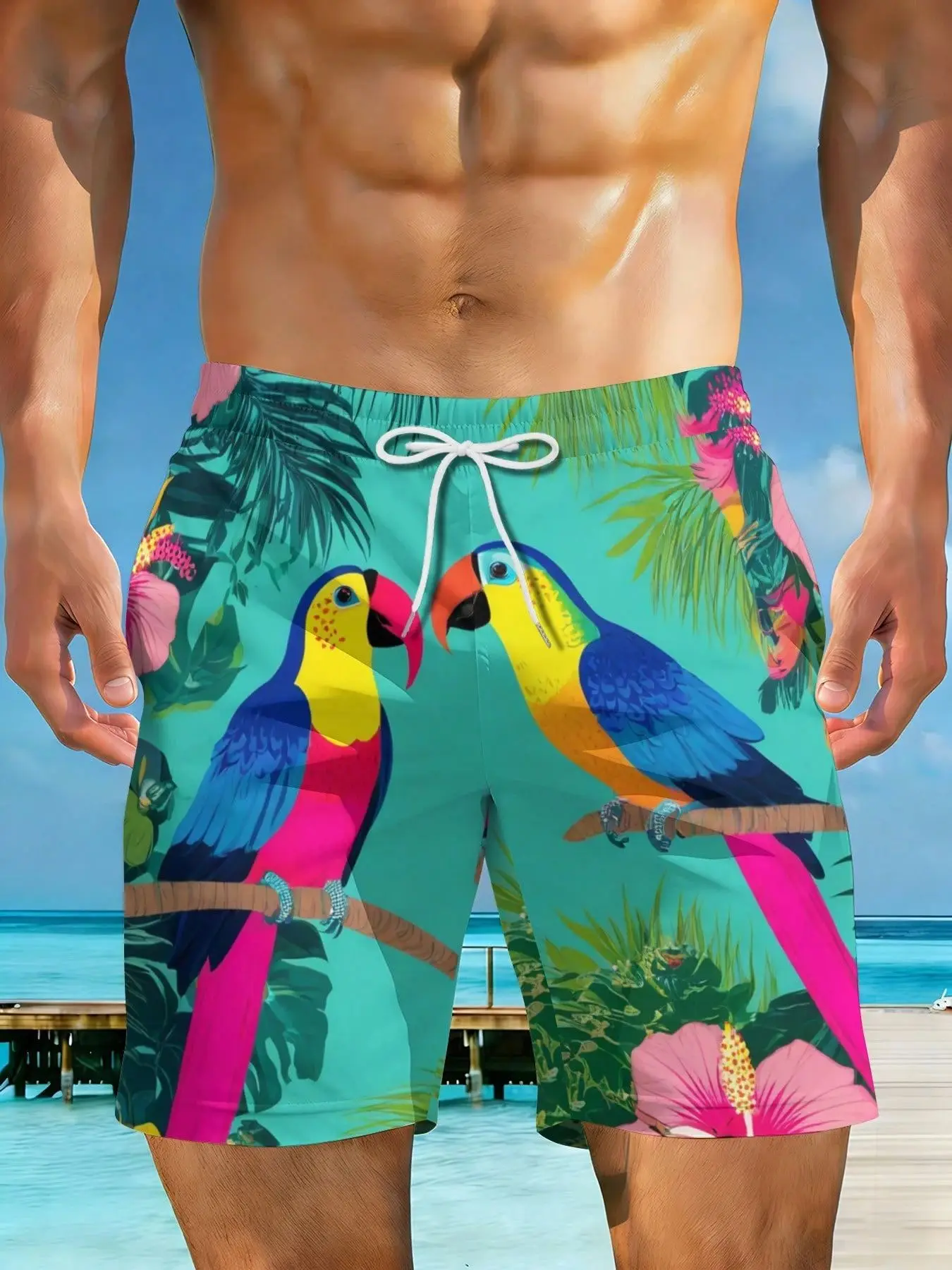 Tropical Parrots Beach Shorts for Men