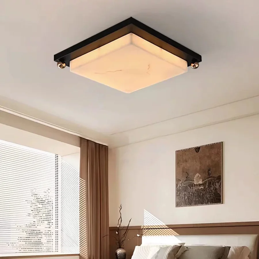 Vintage Square LED Flush Mount Ceiling Light Marble Texture Black Frame Lamp for Bedroom Living Room Home Decor