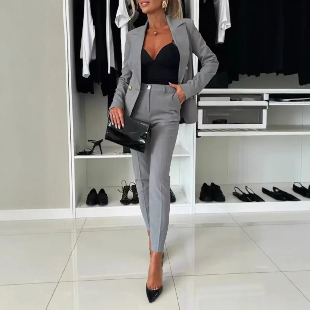 Casual Pocket Full Length Set with Long Pants Elegant Commuter High Temperature Setting Autumn Long Sleeve Elegant Women Sets