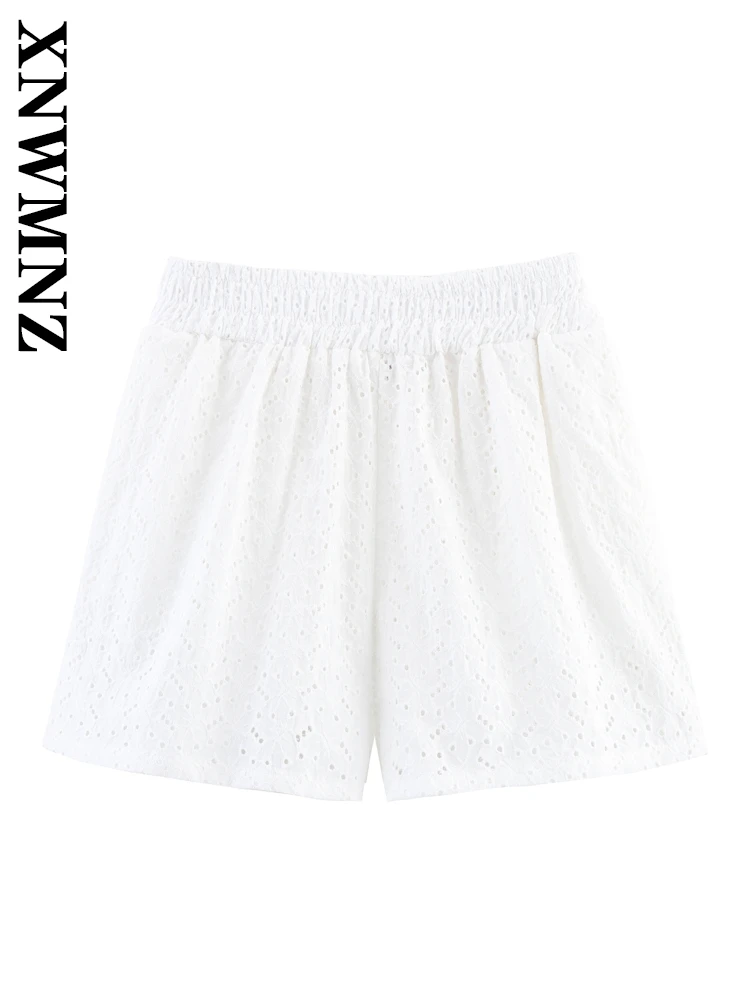 

XNWMNZ 2025 Summer New Ladylike Commuting High Waist Bottoms Trendy Lady Solid Color Short Pants Ruffles Regular Fit embroidery