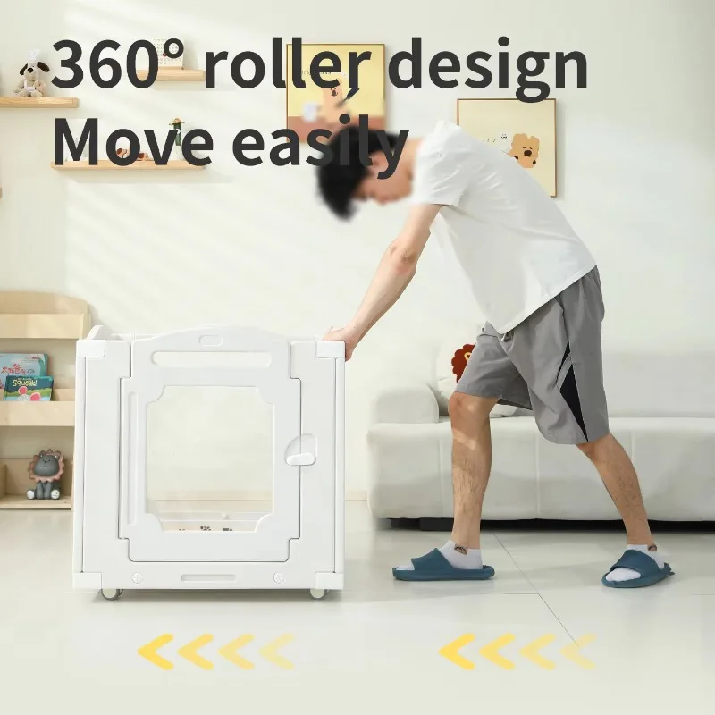 Mobile pet fence with wheels, suitable for dogs, modular non-slip, stable and flexible, buckle, indoor visual game fence,