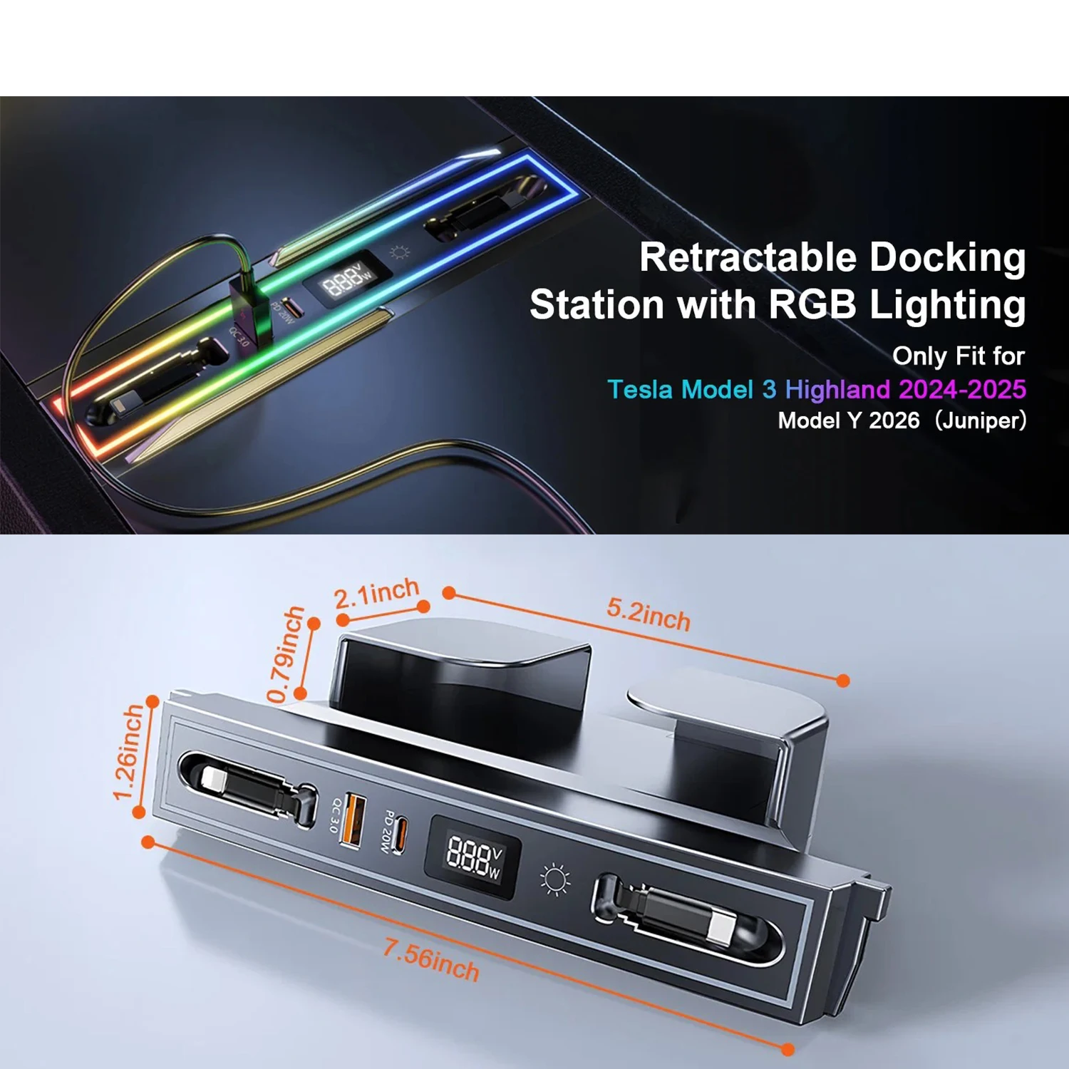 ฮับ USB สำหรับรถยนต์ Tesla Model 3 Highland ปี 2024-2025 และ Model Y Juniper ปี 2026 แท่นวางอุปกรณ์ในคอนโซลกลางรถยนต์ อุปกรณ์เสริม